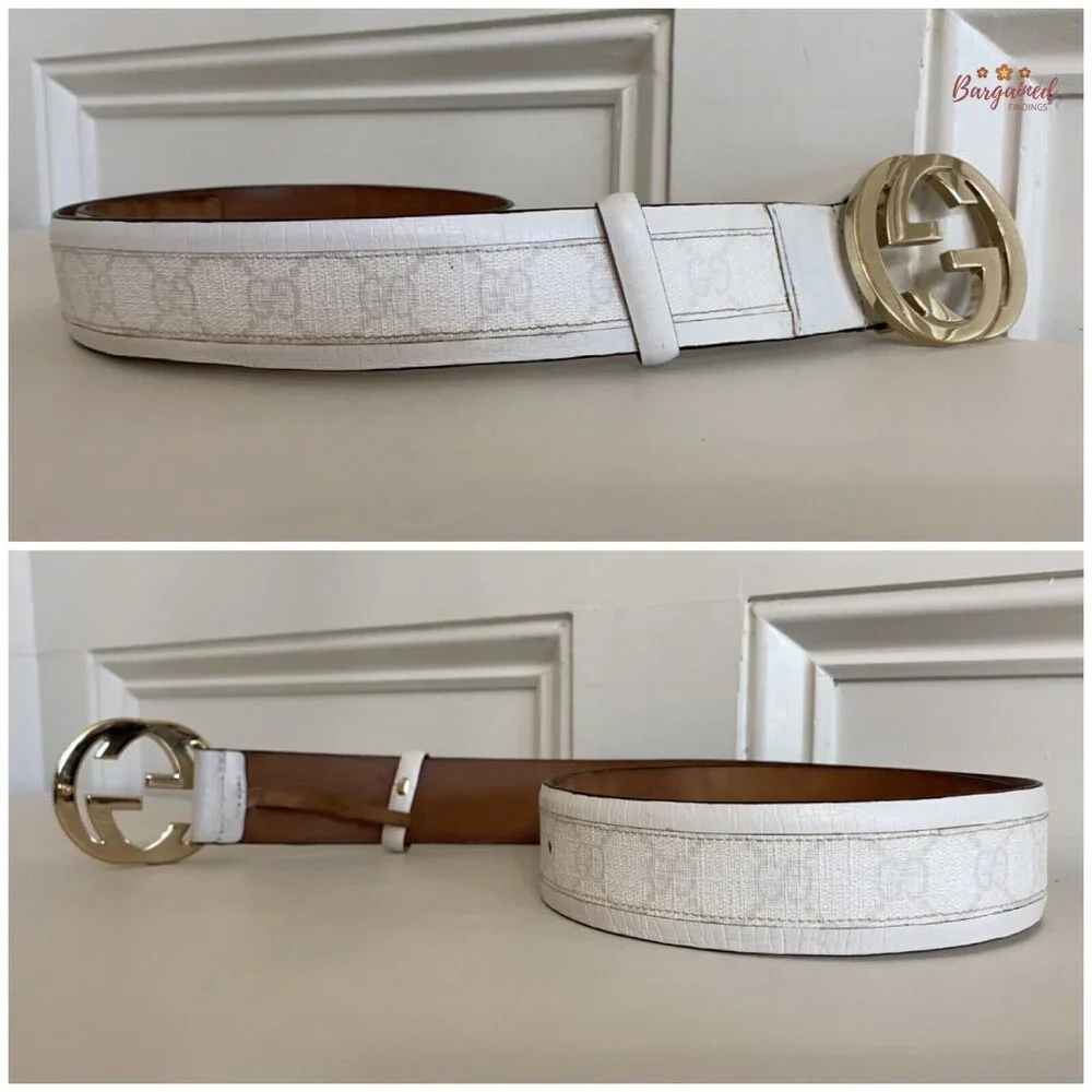 Authentic GUCCI White GG Plus Coated Canvas Leather Interlocking G Belt 80/32 - Picture 10 of 13